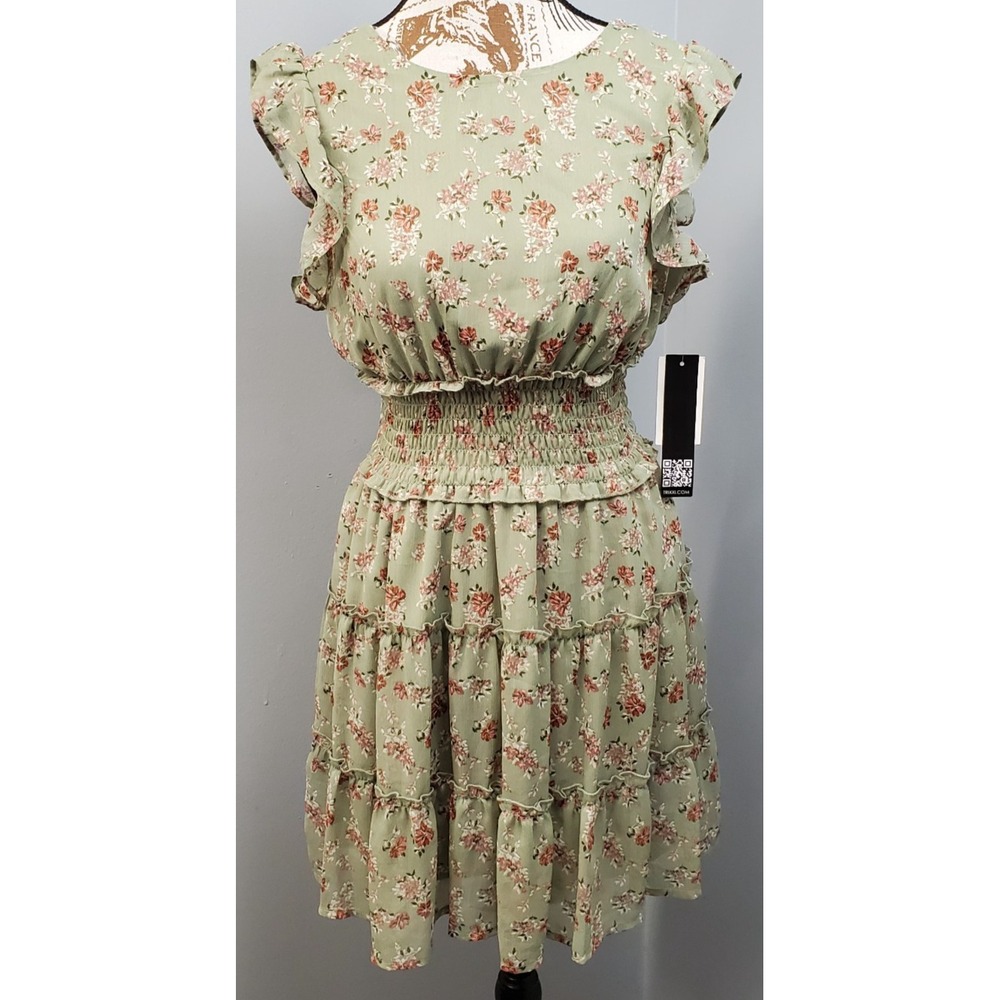 Trixxi Tiered Mini Dress Womens Small Multi Floral Smocked Waist Ruffle Summer